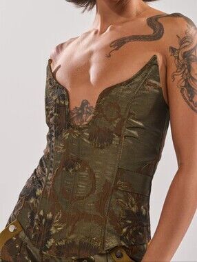 AKIRA Olive Green and Brown Brocade Corset Top